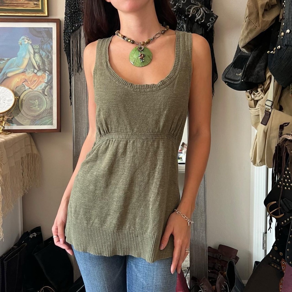 Old Navy Sage Green Babydoll Tank Top Scoop Neck Y2K Vintage Boho Knit Large